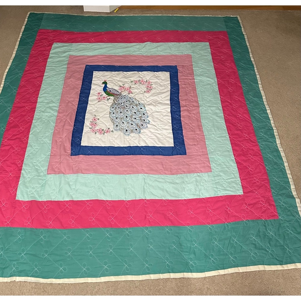 Vintage Peacock Embroidered Quilt Colorful Multi Border Butterfly Stitching